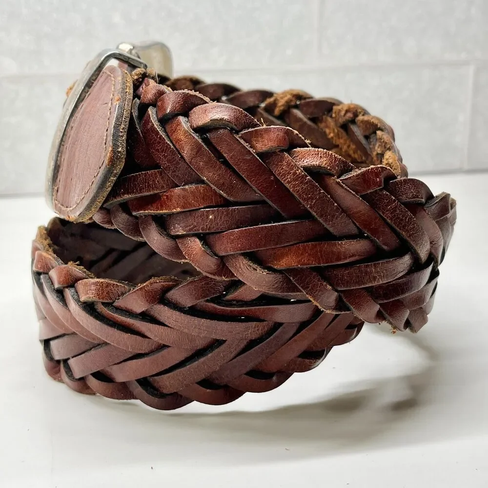Vintage Express Brown Braided Leather Belt Size S Womens Weave Boho Wide